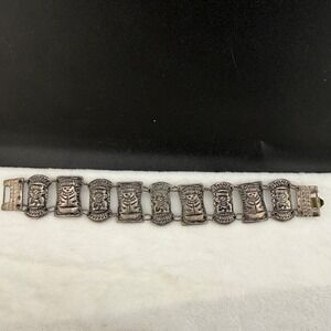Vintage‎ Tribal Tiki Bracelet Peruvian Silver Tone 7.5"